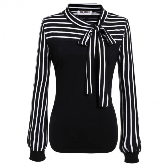 Women Fashion O-Neck Long Sleeve Striped Patchwork Slim Blouse Tops ...