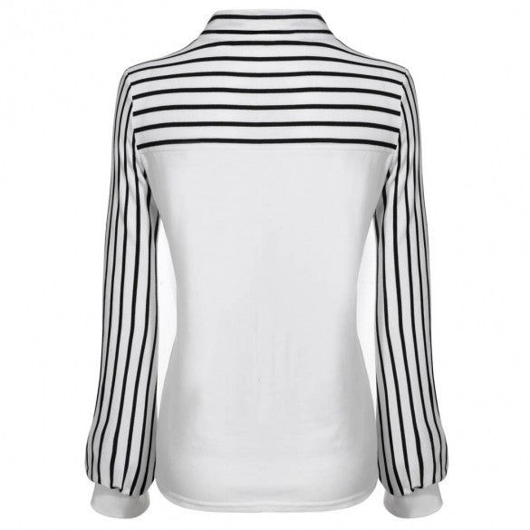 Women Fashion O-Neck Long Sleeve Striped Patchwork Slim Blouse Tops ...