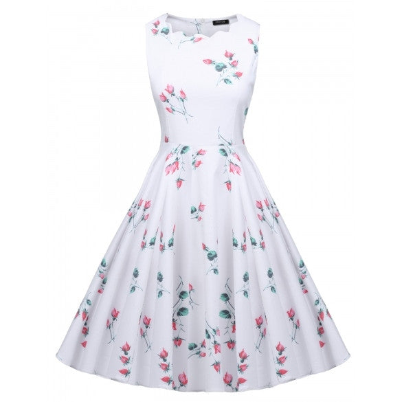 Women Ladies Vintage Style Print Sundress Swing Hem Scalloped Collar ...