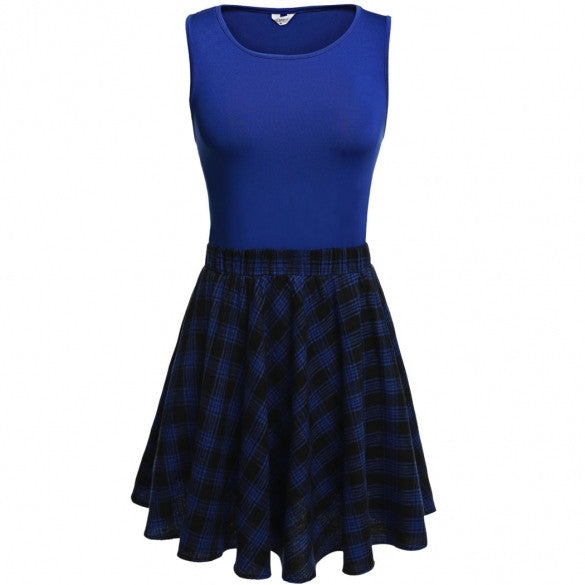 Women Retro O-Neck Sleeveless Plaid Patchwork A-Line Short Dress ...