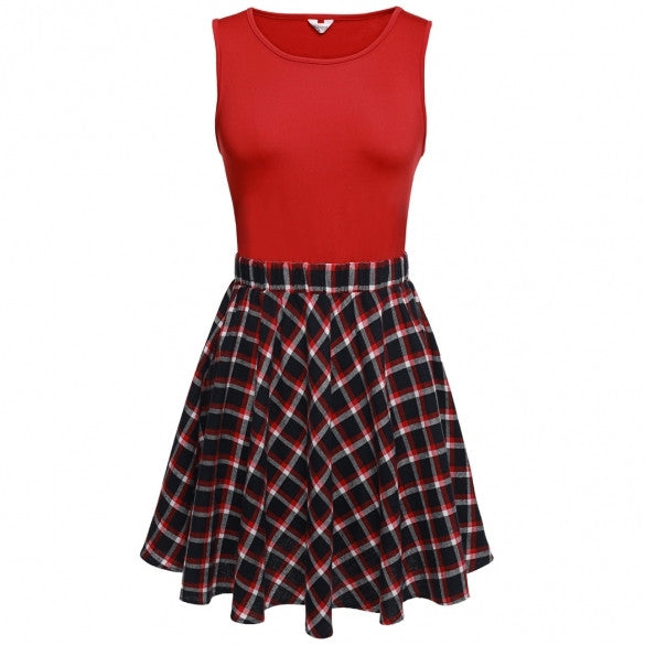 Women Retro O-Neck Sleeveless Plaid Patchwork A-Line Short Dress ...