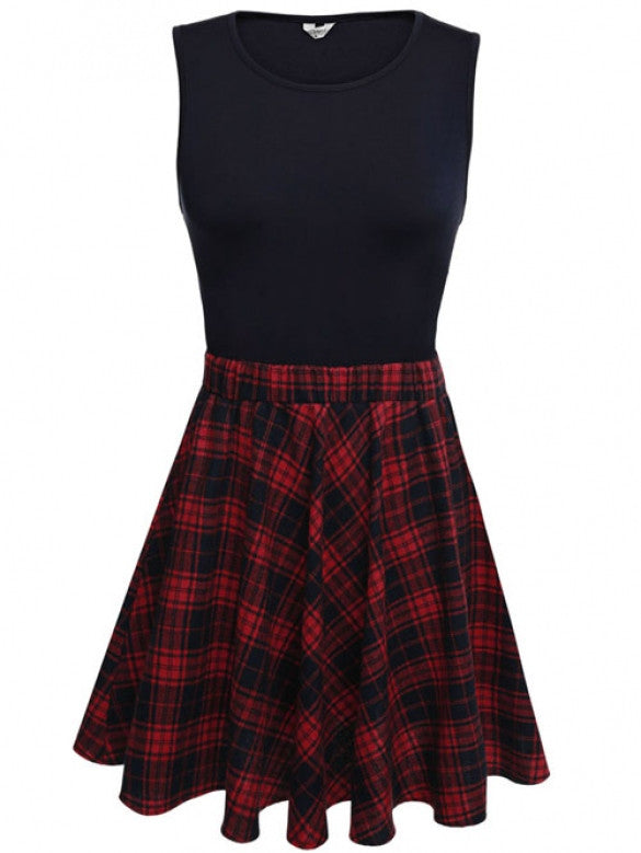 Women Retro O-Neck Sleeveless Plaid Patchwork A-Line Short Dress ...