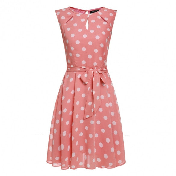 Women Sleeveless Polka Dots Chiffon Flare Flim Cocktail Party Dress W ...