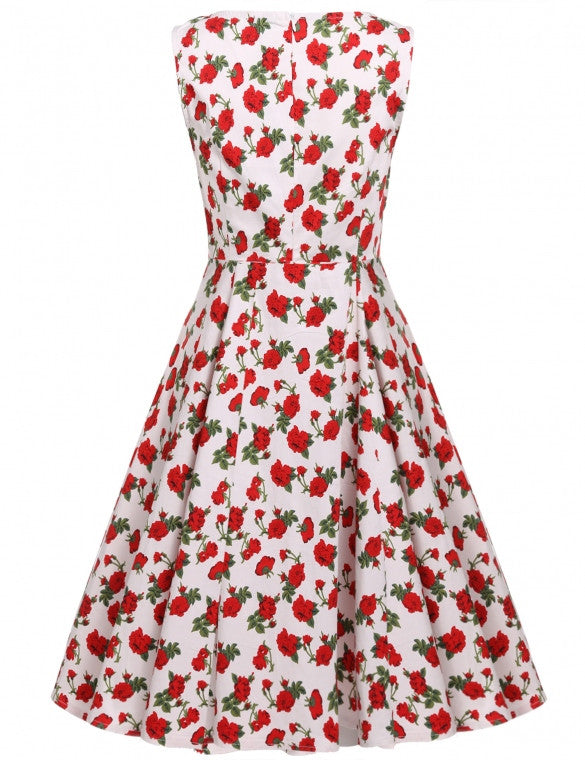 Women Sleeveless Floral Sundress High Waist Pleated Swing Slim Party ...