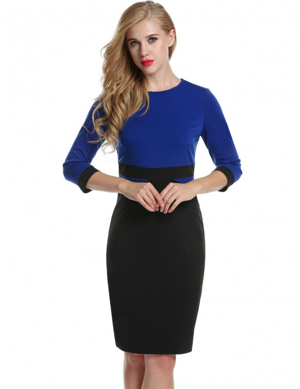 Women 3/4 Sleeve Pencil Dress Patchwork Package Hip Slim OL Party Knee ...