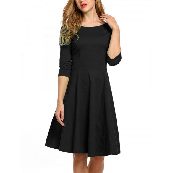 Women O-Neck Vintage Style Back Bandage Bow Retro Solid Swing Dress ...