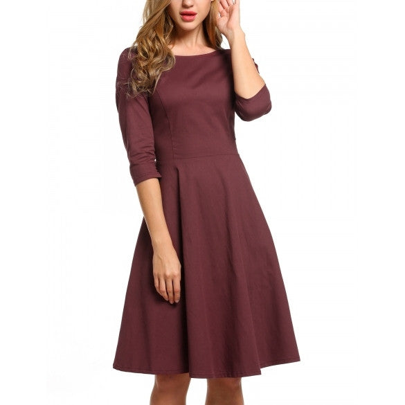 Women O-Neck Vintage Style Back Bandage Bow Retro Solid Swing Dress ...