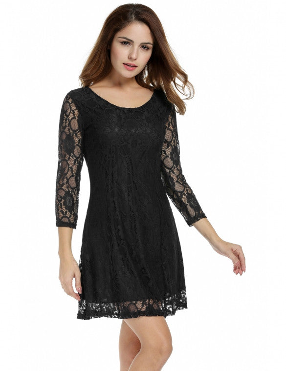 Women Crochet Lace 3/4 Sleeve A-Line Bodycon Cocktail Party Mini Dress ...