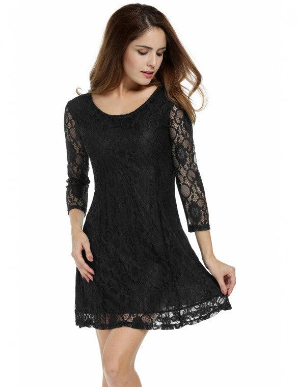 Women Crochet Lace 3/4 Sleeve A-Line Bodycon Cocktail Party Mini Dress ...