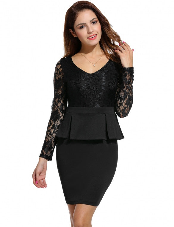 Sexy V-Neck Long Sleeve Lace Patchwork Falbala Midi Cocktail Party ...