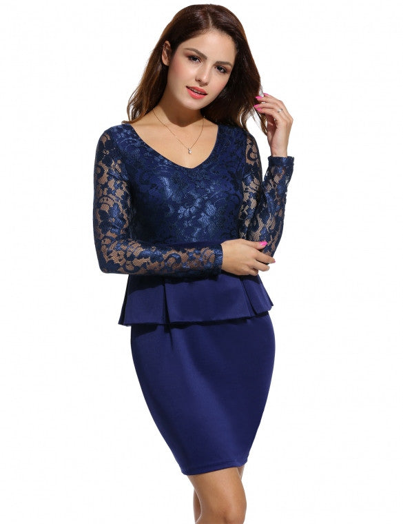 Sexy V-Neck Long Sleeve Lace Patchwork Falbala Midi Cocktail Party ...