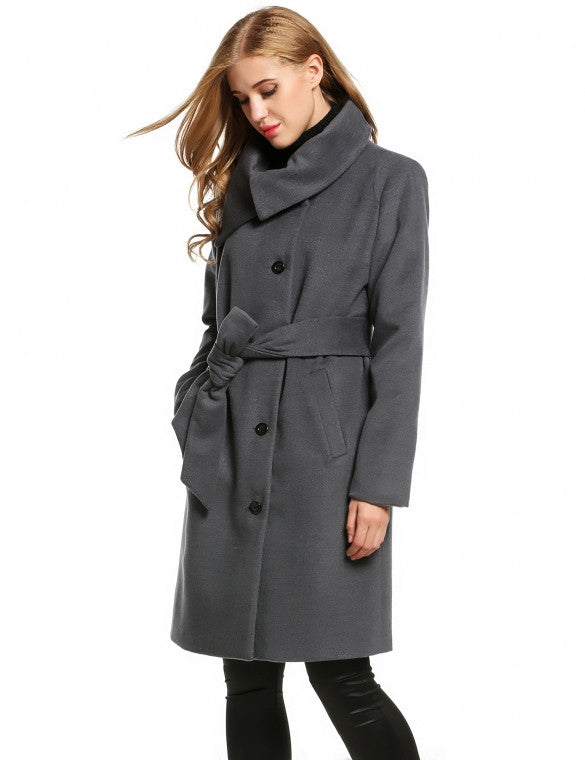 Shawl Collar Long Sleeve Single-Breasted Wool Blend Coat With Belt ...