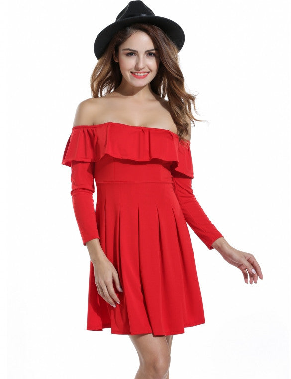 Women Off Shoulder Ruffles Long Sleeve Cocktail Party Pleated Dress ...