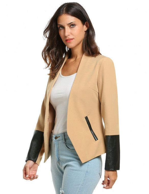 Collarless Long Sleeve Synthetic Leather Patchwork Blazer Jacket With ...