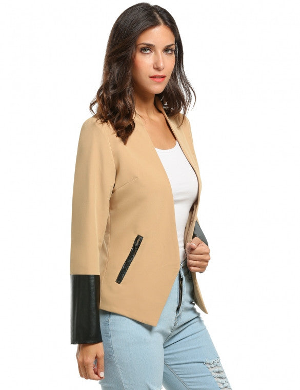 Collarless Long Sleeve Synthetic Leather Patchwork Blazer Jacket With ...