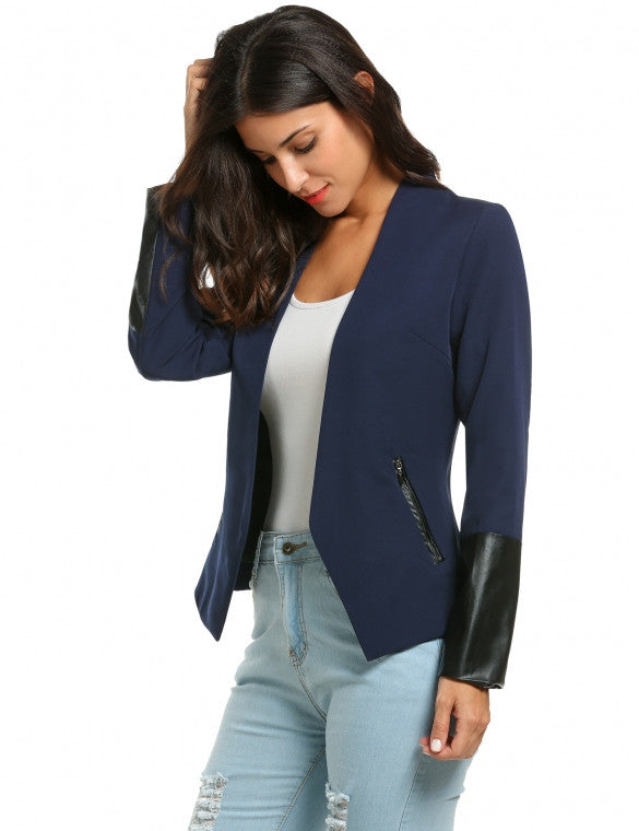 Collarless Long Sleeve Synthetic Leather Patchwork Blazer Jacket With ...