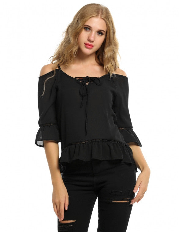 Women Lace Up Cold Shoulder 3/4 Sleeve Ruffles Chiffon Blouse Tops ...