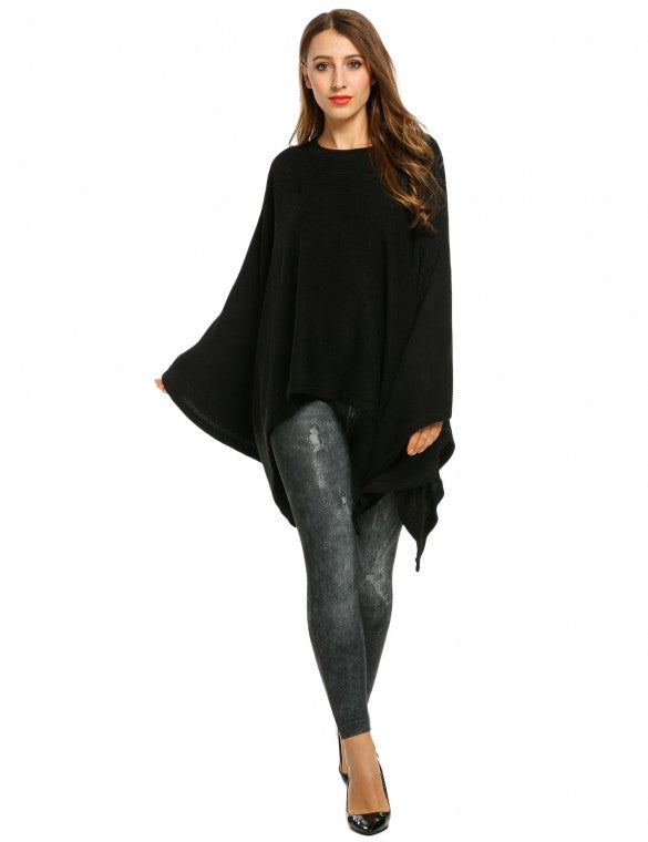 Casual O-Neck Batwing Sleeve Solid Cloak Pullover Knit Sweater ...