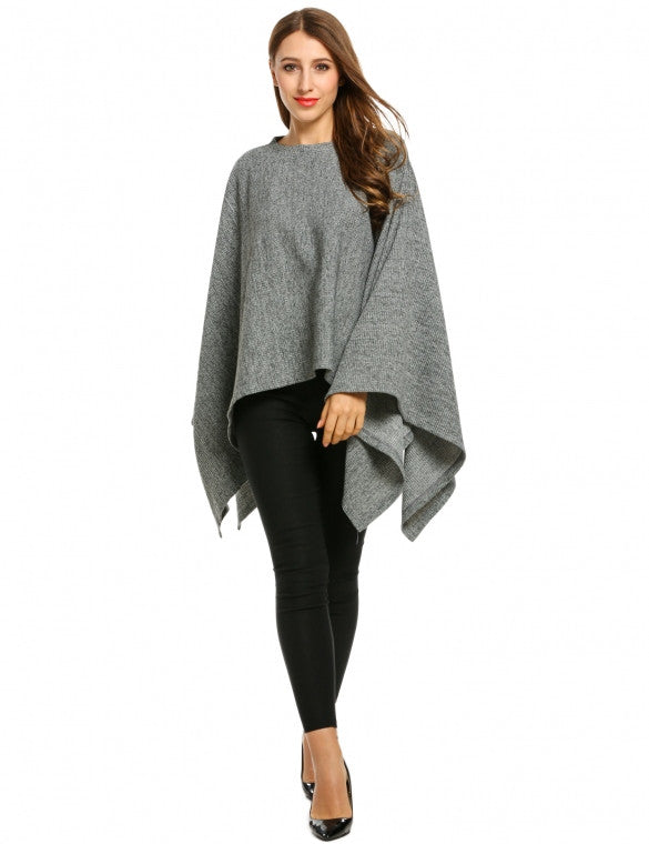 Casual O-Neck Batwing Sleeve Solid Cloak Pullover Knit Sweater ...