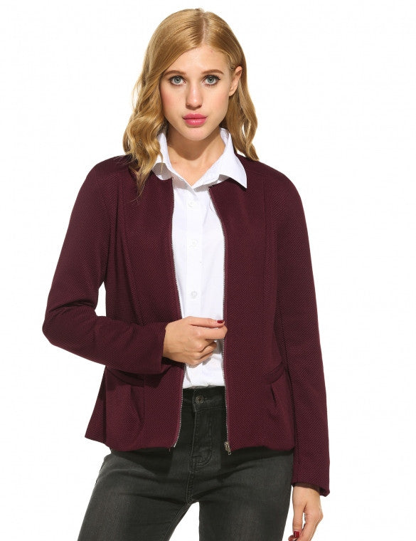 Women Zipper Casual Work Casual Solid Jacquard Blazer Jacket ...