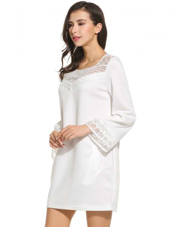 Women Casual O-Neck Long Flare Sleeve Lace Patchwork Pullover Dress ...