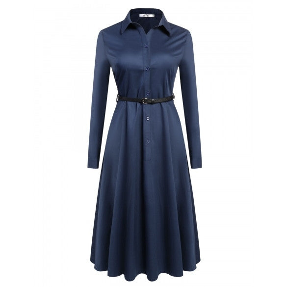 Women Turn Down Collar Long Sleeve Button Down Swing Shirt Dress With ...