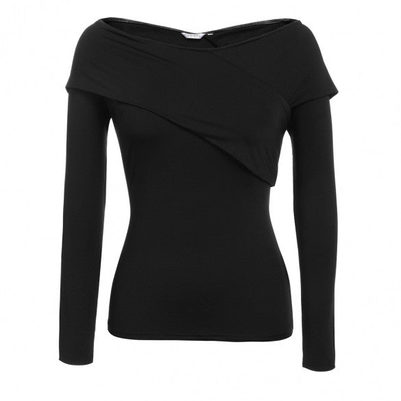 Casual Crossing Slash Neck Long Sleeve Solid Bodycon Blouse Tops ...