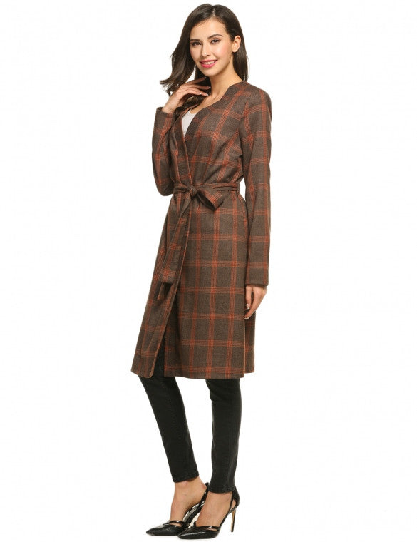 Women Fashion Collarless Long Sleeve Plaid Belted Long Coat Outwear ...