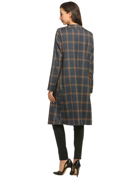 Women Fashion Collarless Long Sleeve Plaid Belted Long Coat Outwear ...