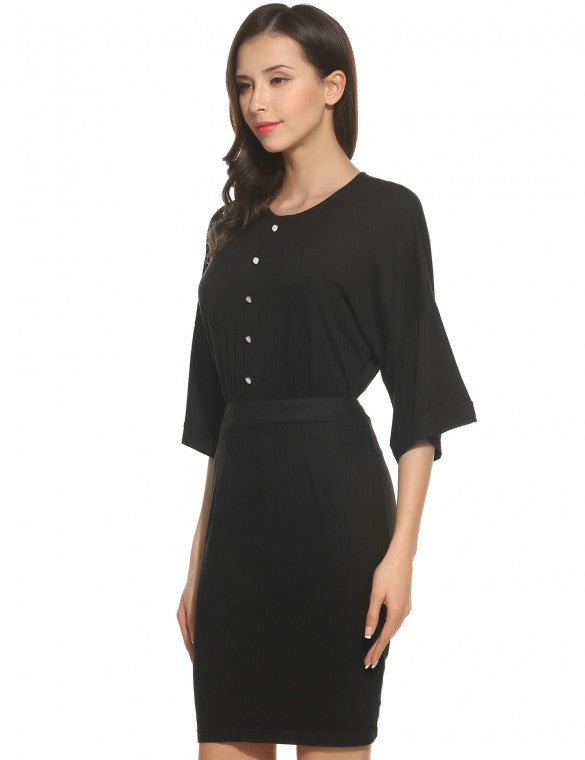 New Women Casual O-Neck 3/4 Sleeve Button Zipper Slim Dress – Sheinchic.com