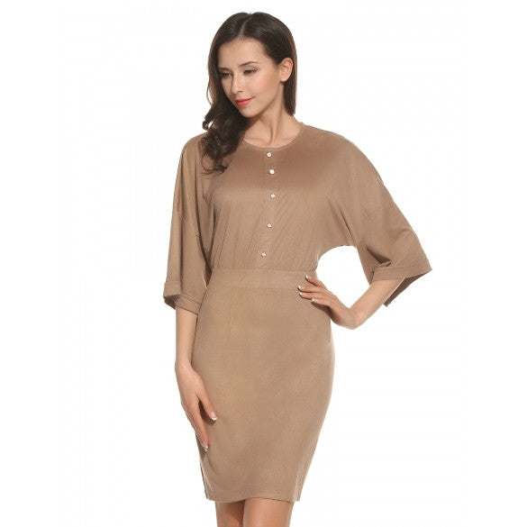 New Women Casual O-Neck 3/4 Sleeve Button Zipper Slim Dress – Sheinchic.com