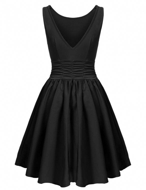 Women Sleeveless V-Back Ruched Waist Cocktail Party Skater Dress ...