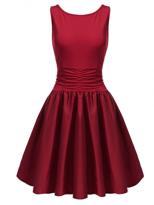 Women Sleeveless V-Back Ruched Waist Cocktail Party Skater Dress ...