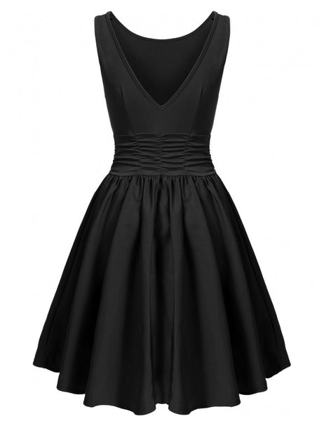 Women Sleeveless V-Back Ruched Waist Cocktail Party Skater Dress ...