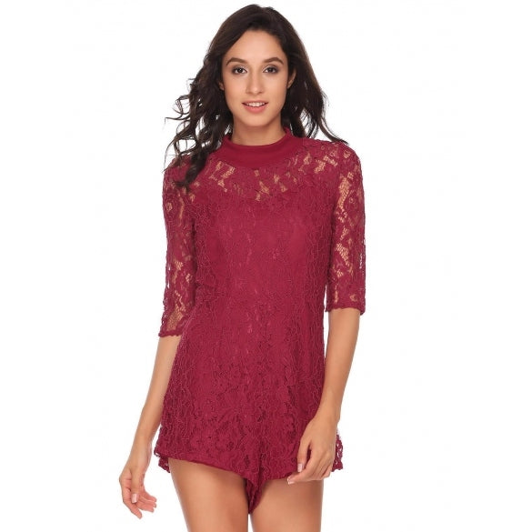 Cheap Stand Collar Half Sleeve Lace Slim Romper Online – Sheinchic.com