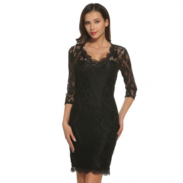 Women Casual V-Neck 3/4 Sleeve Floral Slim Lace Zipper Dress ...