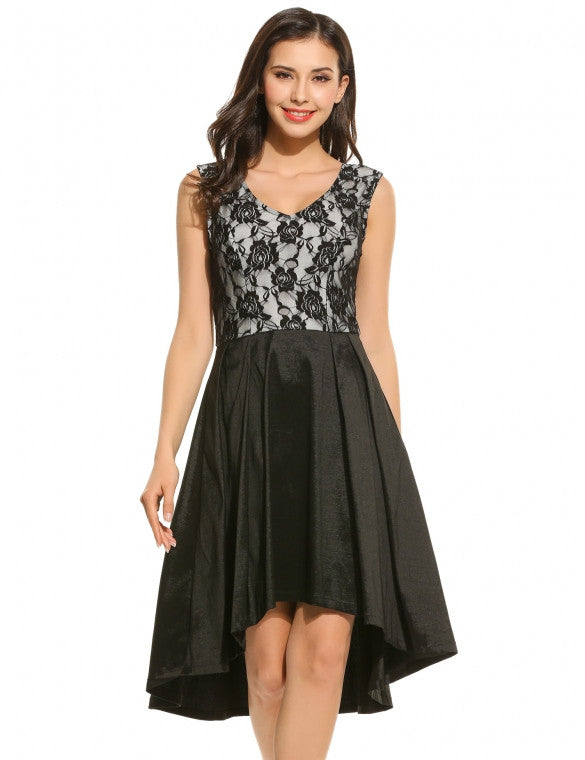 Casual Sleeveless Lace V Neck Patchwork Vintage Style Swing Dress ...