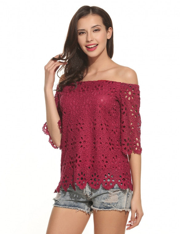 Off Shoulder Flare Sleeve Solid Loose Crochet Lace Blouse Tops ...