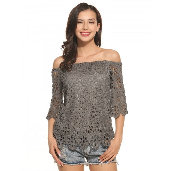 Off Shoulder Flare Sleeve Solid Loose Crochet Lace Blouse Tops ...