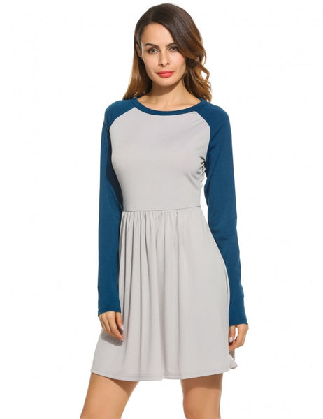 Women O-Neck Raglan Sleeve Patchwork Fit And Flare Casual Dress ...