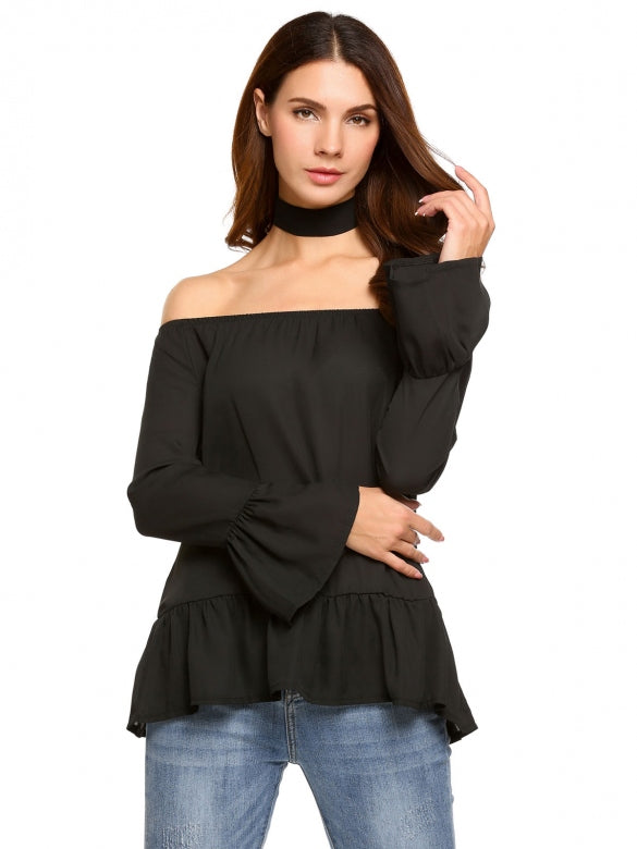 Cheap Choker Slash Neck Long Flare Sleeve Solid Tops Online – Sheinchic.com