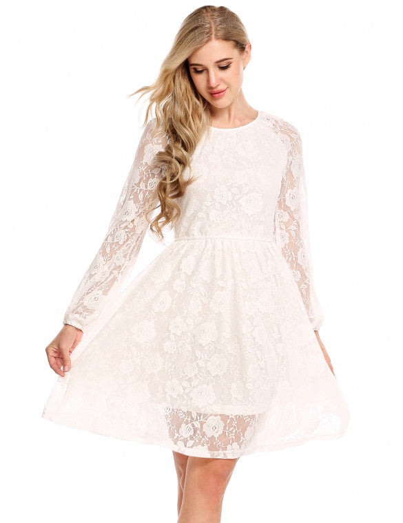 Women Casual O Neck Long Sleeve Floral Lace Back Hollow Out Elastic A Line Pleated Hem Dress