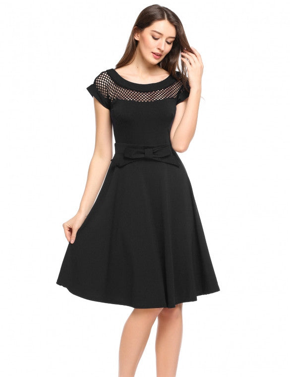 Women Short Sleeve Hollow Out Bow Cocktail Party Skater Dress ...