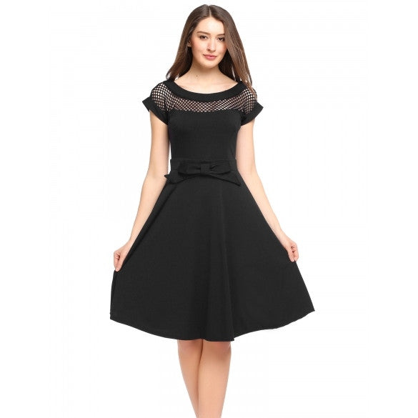 Women Short Sleeve Hollow Out Bow Cocktail Party Skater Dress ...