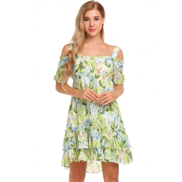 Cheap Cold Shoulder Floral Ruffles Chiffon Dress Online – Sheinchic.com