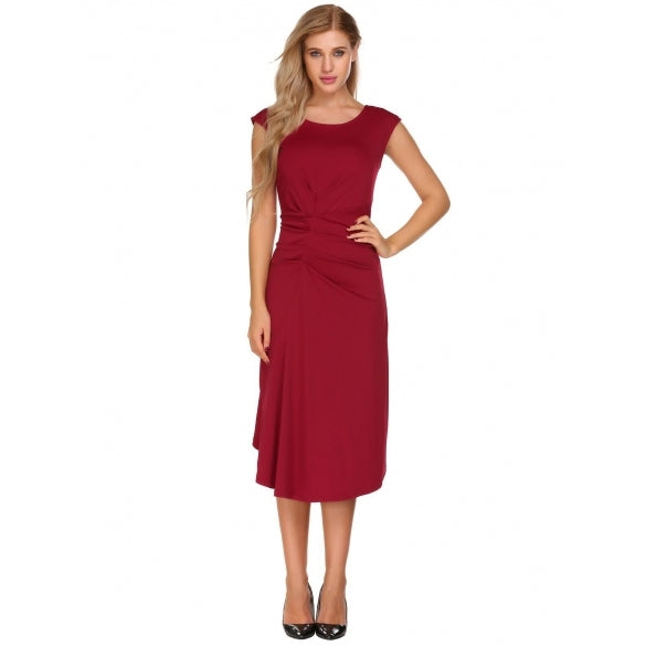 Cheap Retro Cap Sleeve Solid Ruched Dress Online – Sheinchic.com