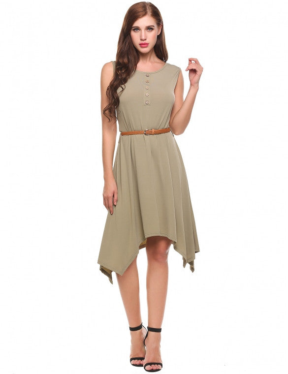 New Women Casual O-Neck Sleeveless Solid A-Line Pleated Asymmetrical ...