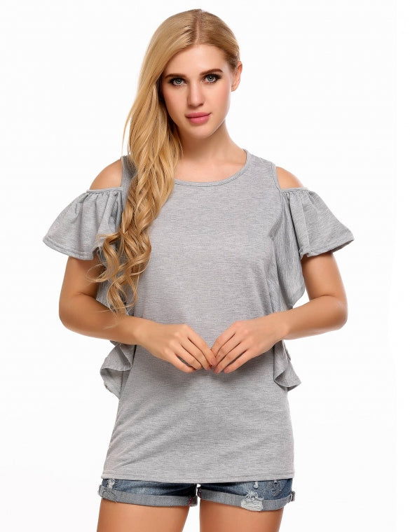 Cheap Solid O-Neck Ruffles Sleeves Cold Shoulder Tops Online ...
