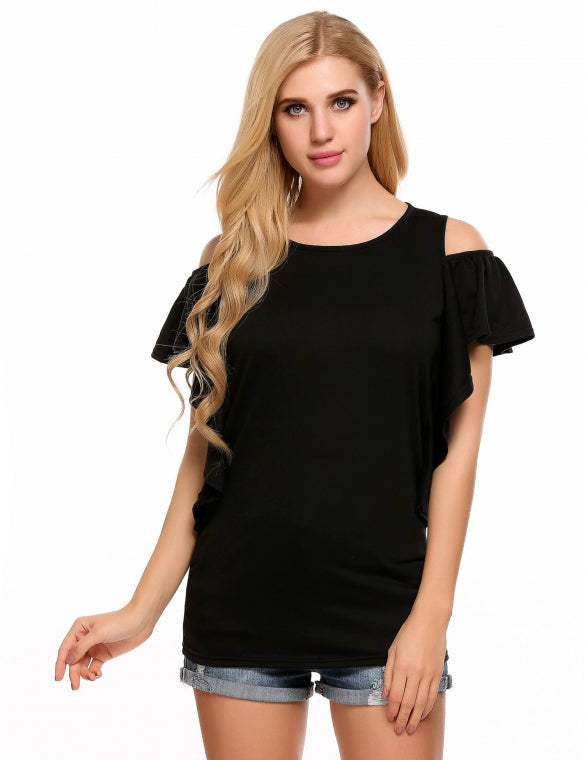 Cheap Solid O-Neck Ruffles Sleeves Cold Shoulder Tops Online ...