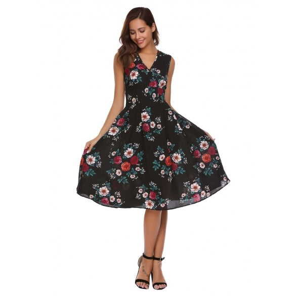 Cheap Sleeveless V Neck Floral A-Line Dress Online – Sheinchic.com
